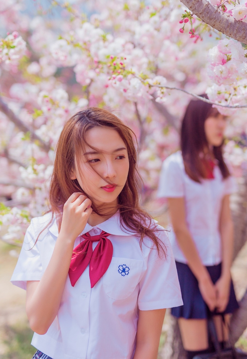jk制服美女姐妹花樱花树下写真