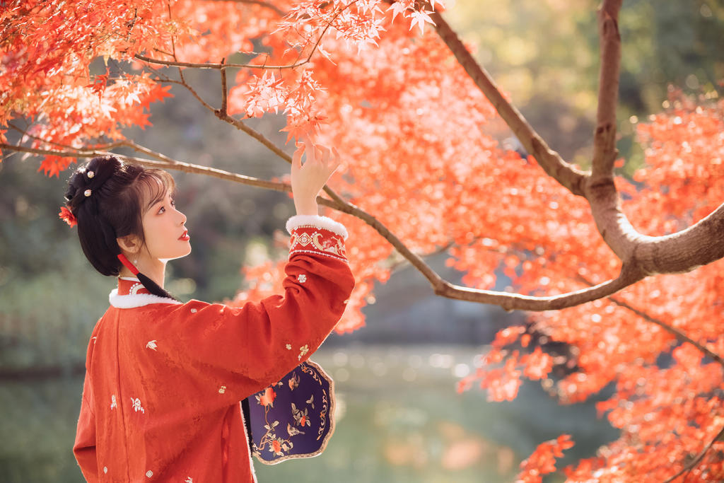 枫树下的汉服少女红妆素裹图片