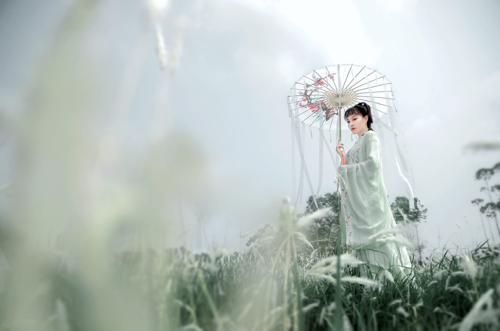 古装惊艳美女一袭青衣精致侧颜乌黑发丝唯美写真