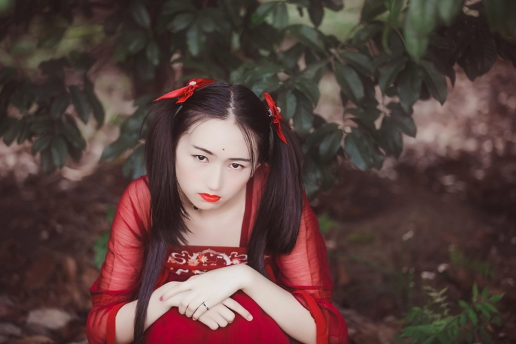 红衣古装双马尾美女大小姐优雅花海香艳写真图片